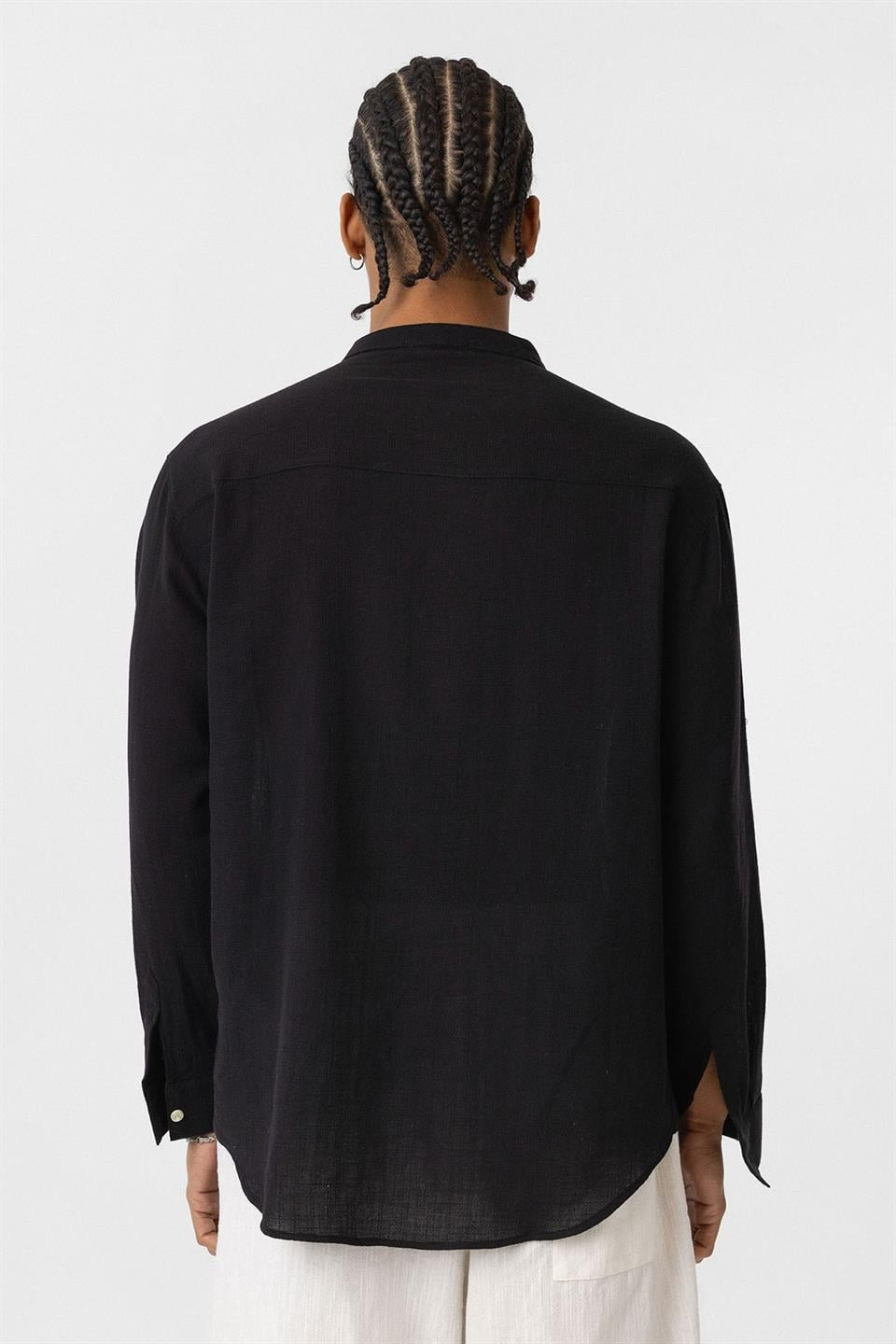 Oversized Long-Sleeved Cotton-Linen Shirt with a Stand-Up Collar