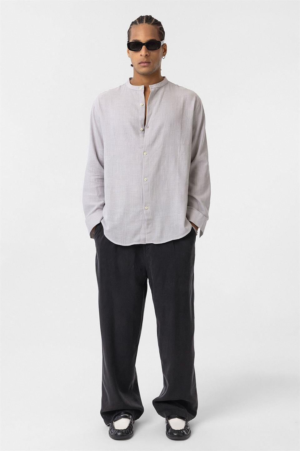 Oversized Long-Sleeved Cotton-Linen Shirt with a Stand-Up Collar
