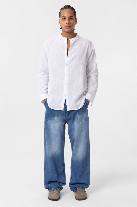 Oversized Long-Sleeved Cotton-Linen Shirt with a Stand-Up Collar