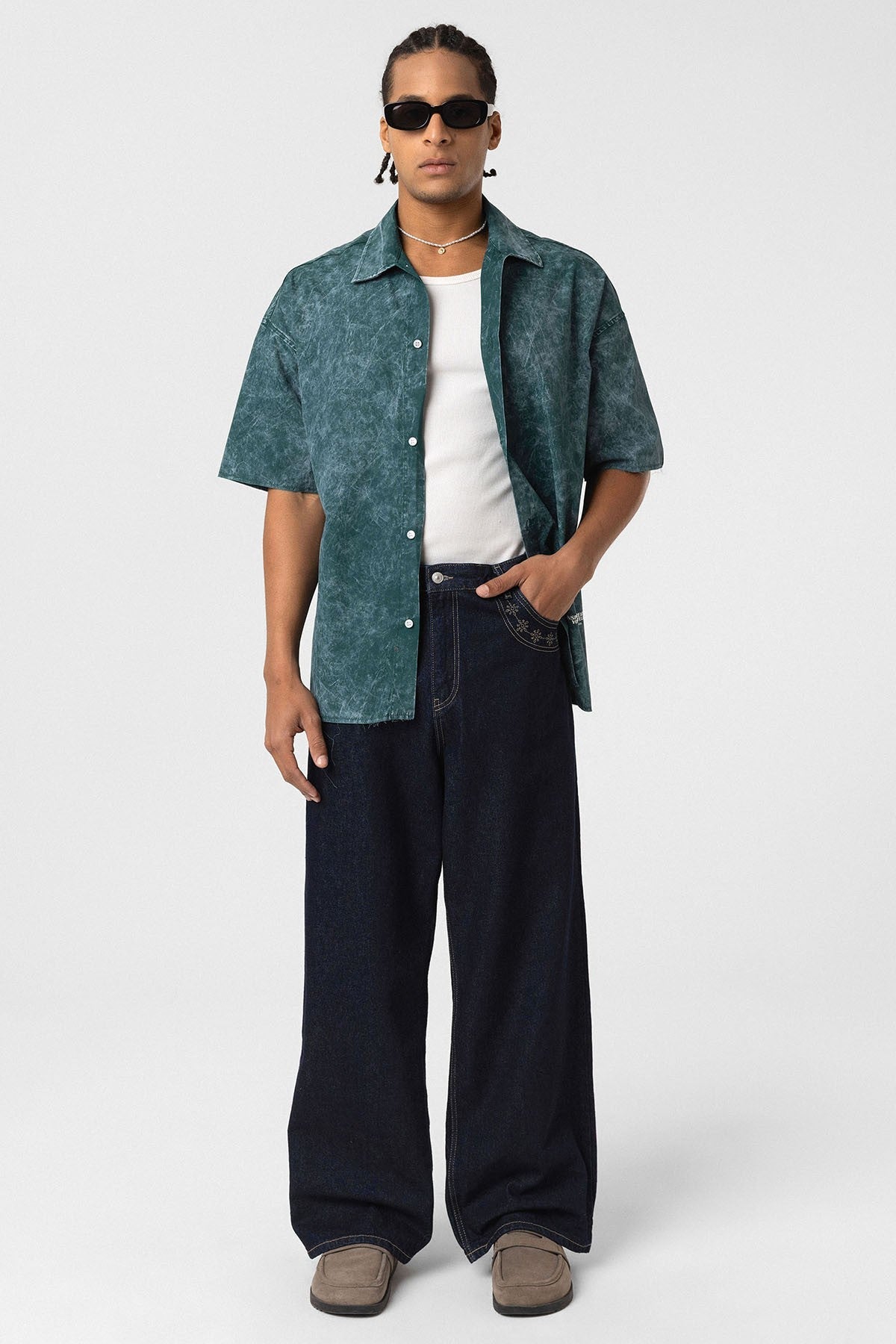 Oversized Short-Sleeve Shirt with Washed-Out Print