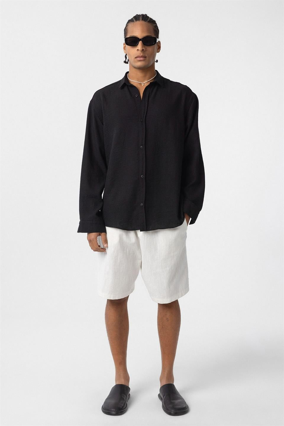 Basic Oversized Long-Sleeve Linen-Look Shirt