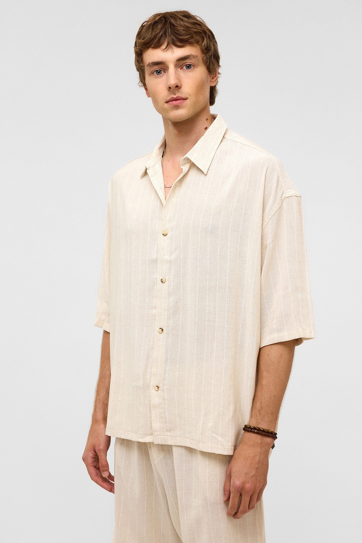 Oversized Striped Short-Sleeved Linen Shirt