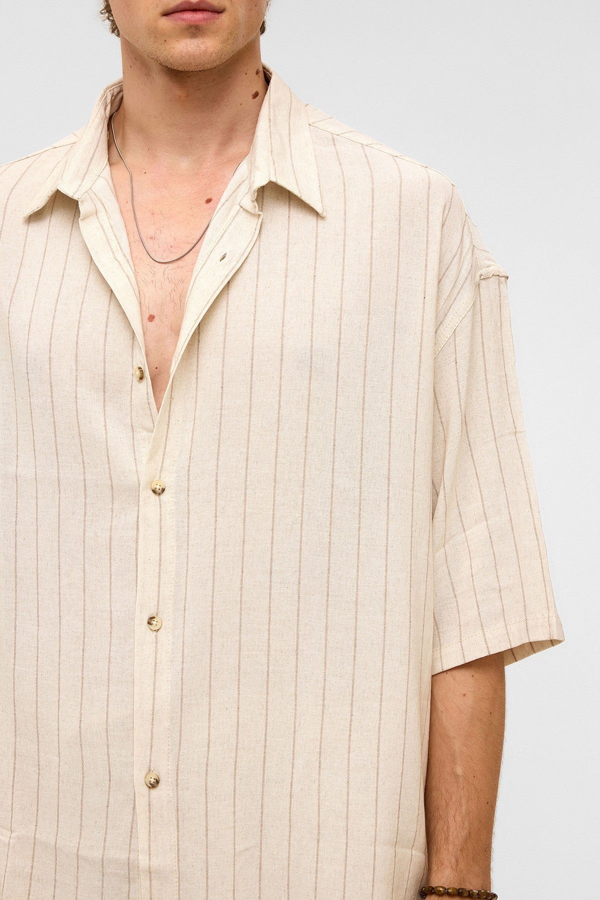 Oversized Striped Short-Sleeved Linen Shirt