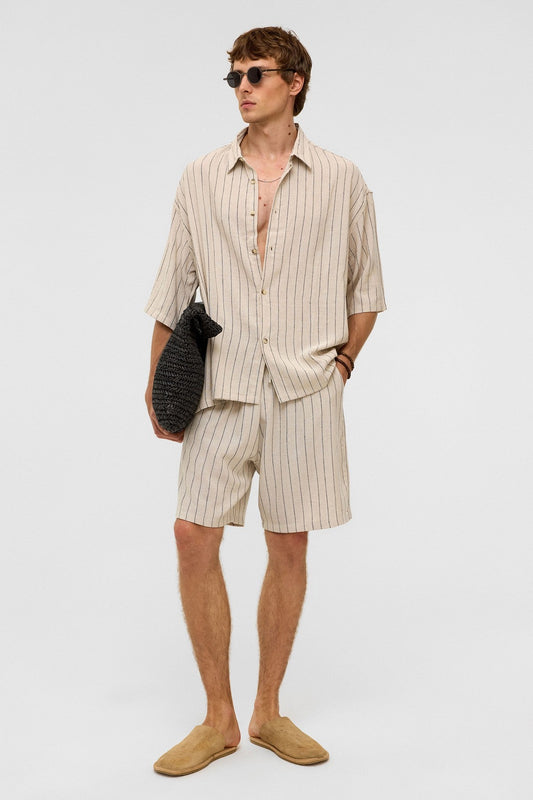 Oversized Striped Short-Sleeved Linen Shirt