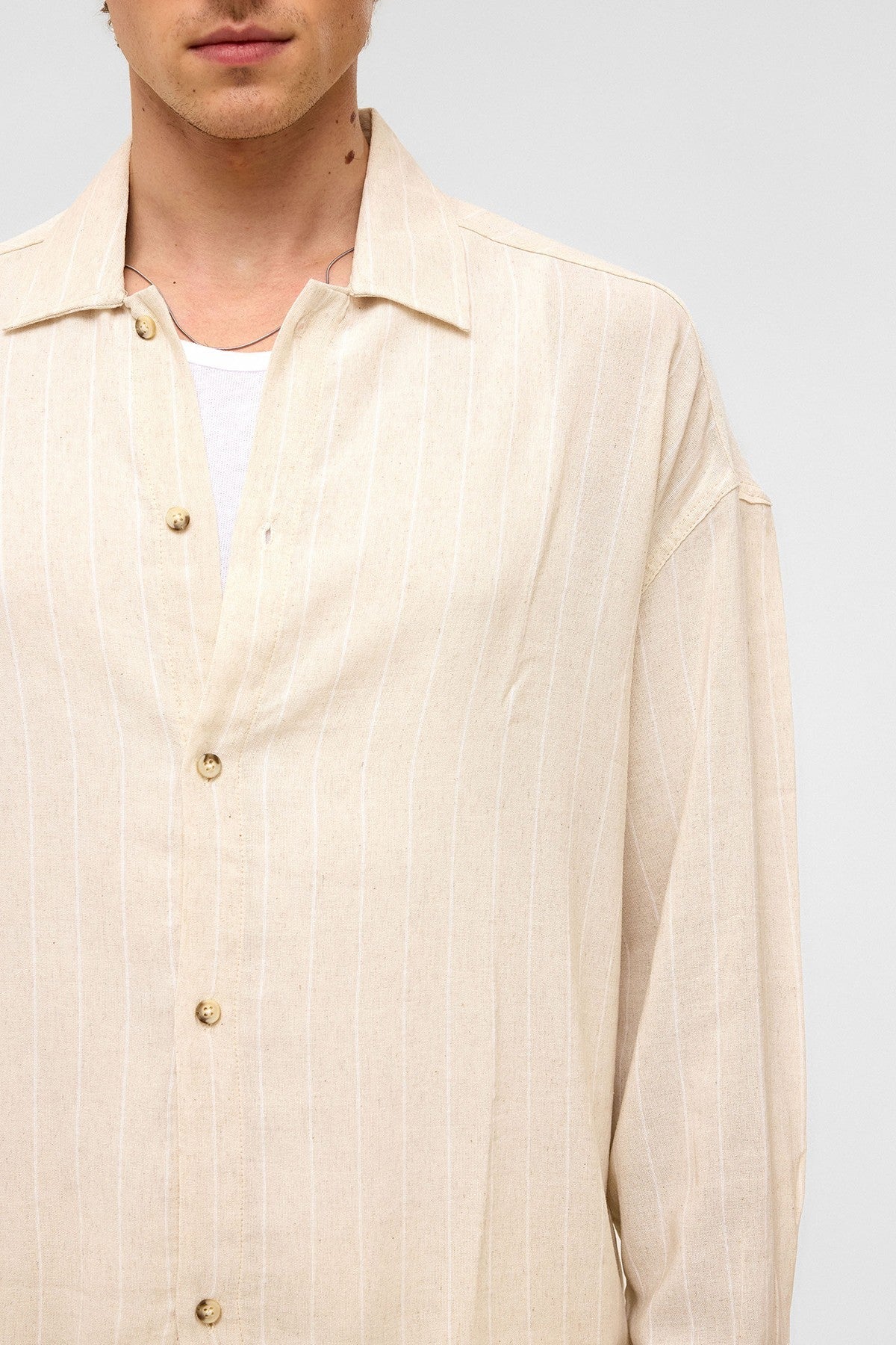 Oversized Long-Sleeved Striped Linen Shirt