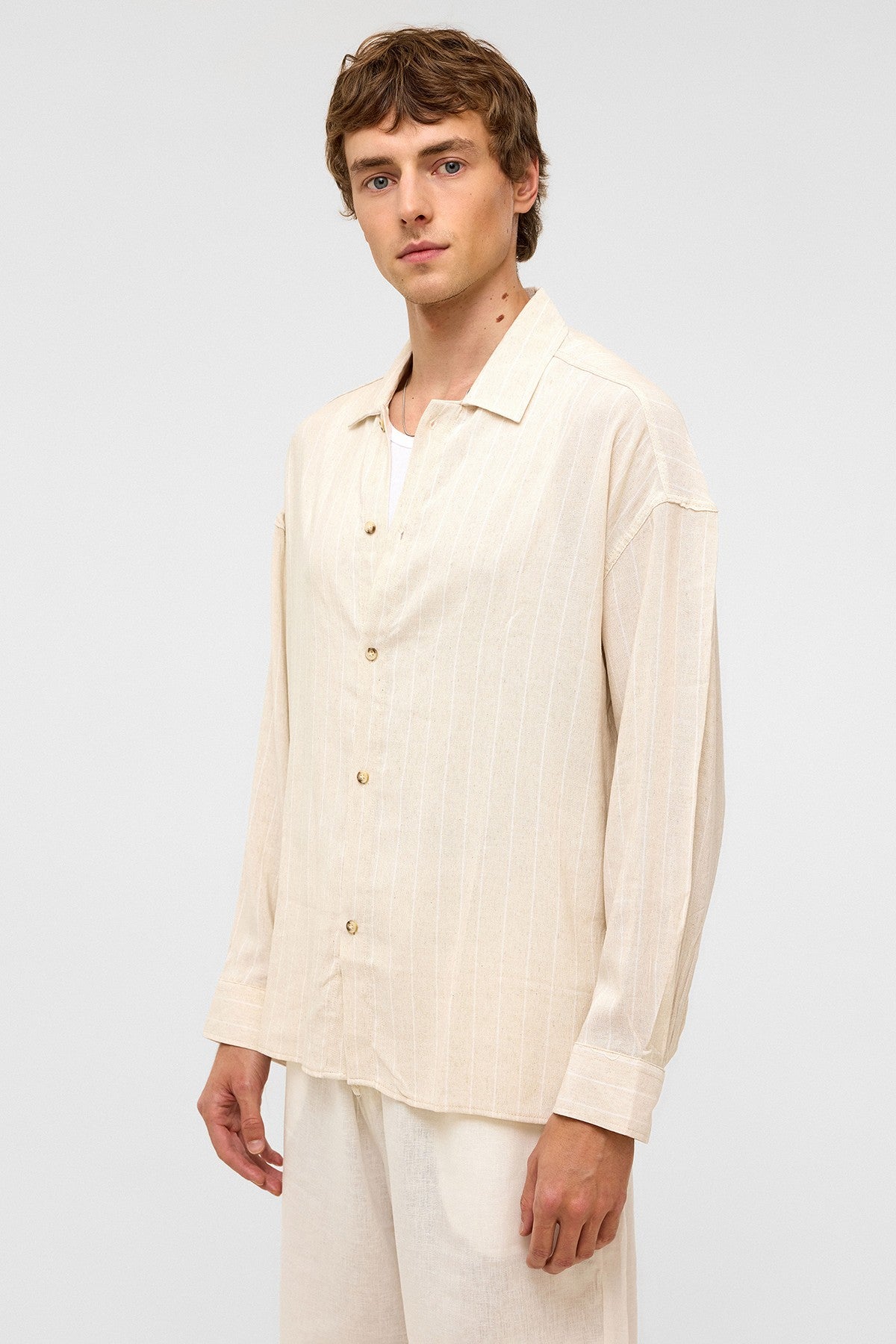 Oversized Long-Sleeved Striped Linen Shirt