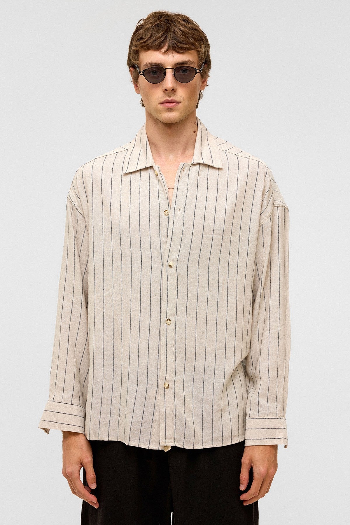 Oversized Long-Sleeved Striped Linen Shirt