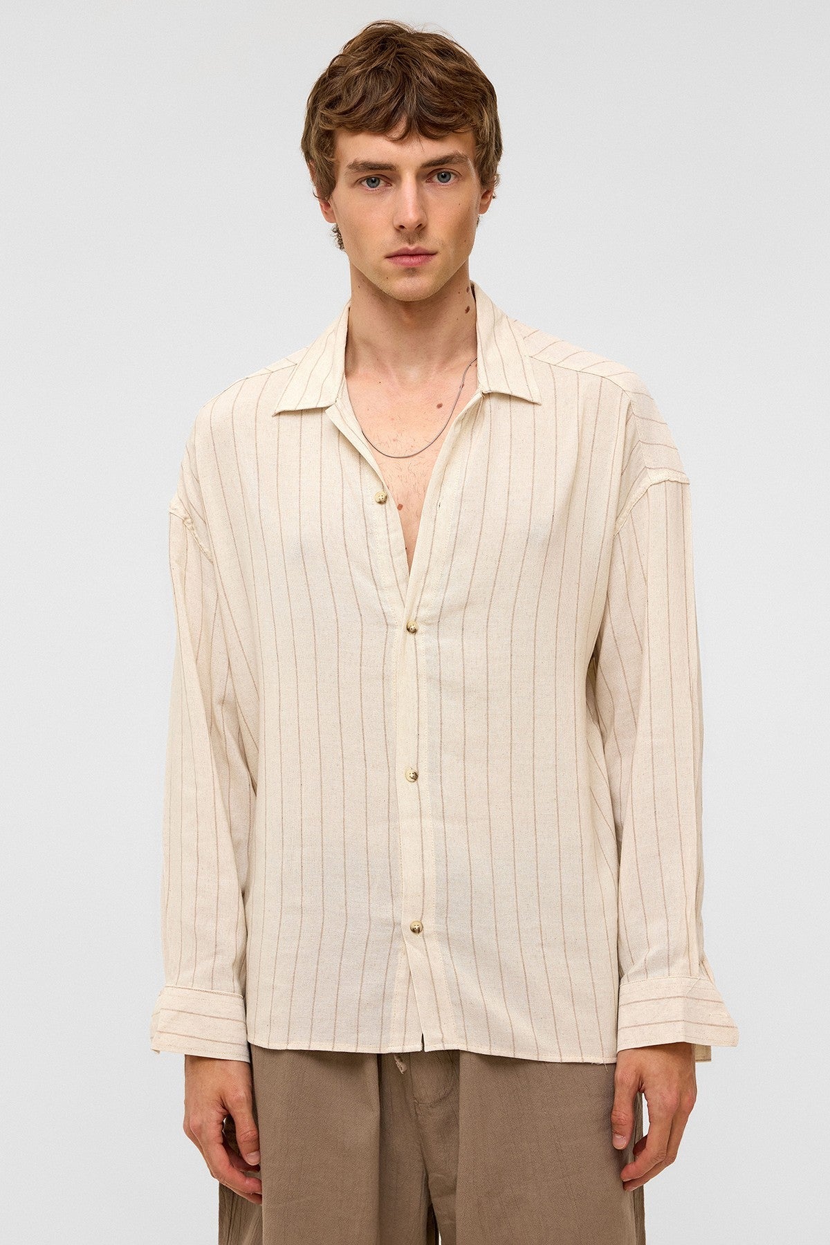 Oversized Long-Sleeved Striped Linen Shirt
