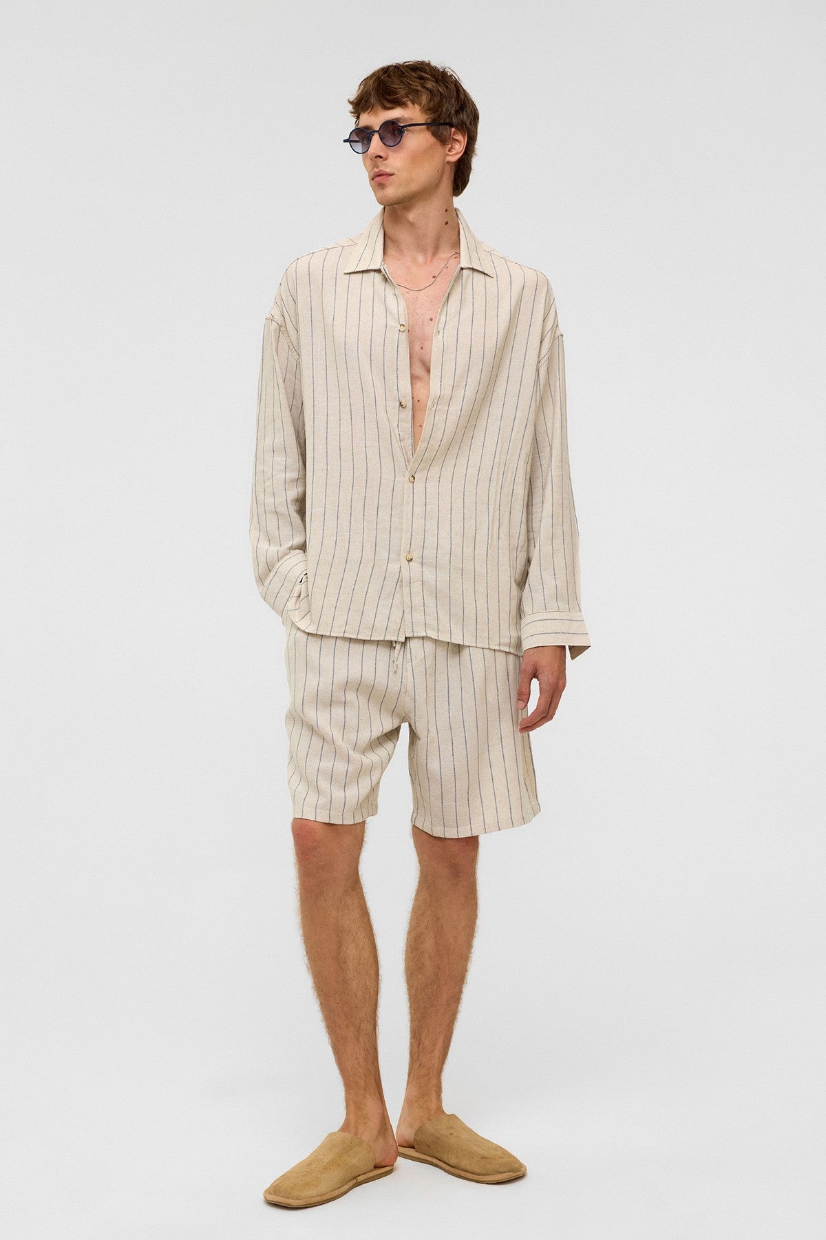 Oversized Long-Sleeved Striped Linen Shirt