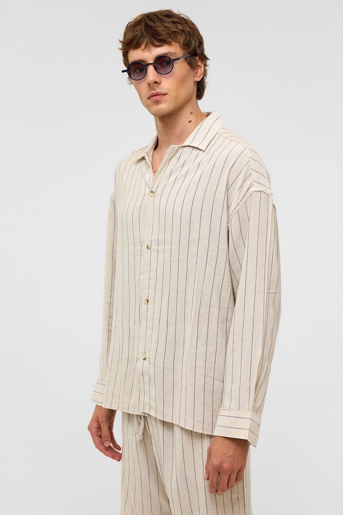 Oversized Long-Sleeved Striped Linen Shirt