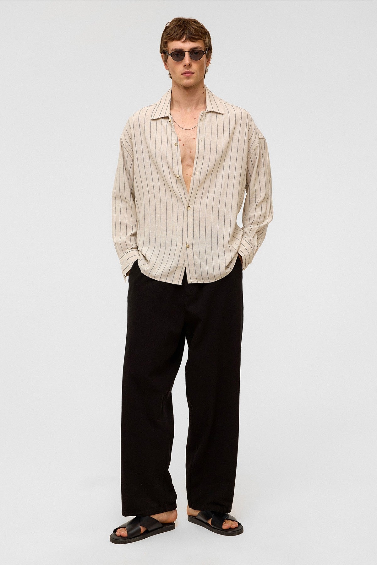 Oversized Long-Sleeved Striped Linen Shirt