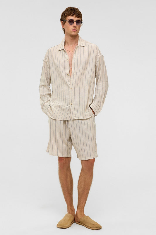 Oversized Long-Sleeved Striped Linen Shirt