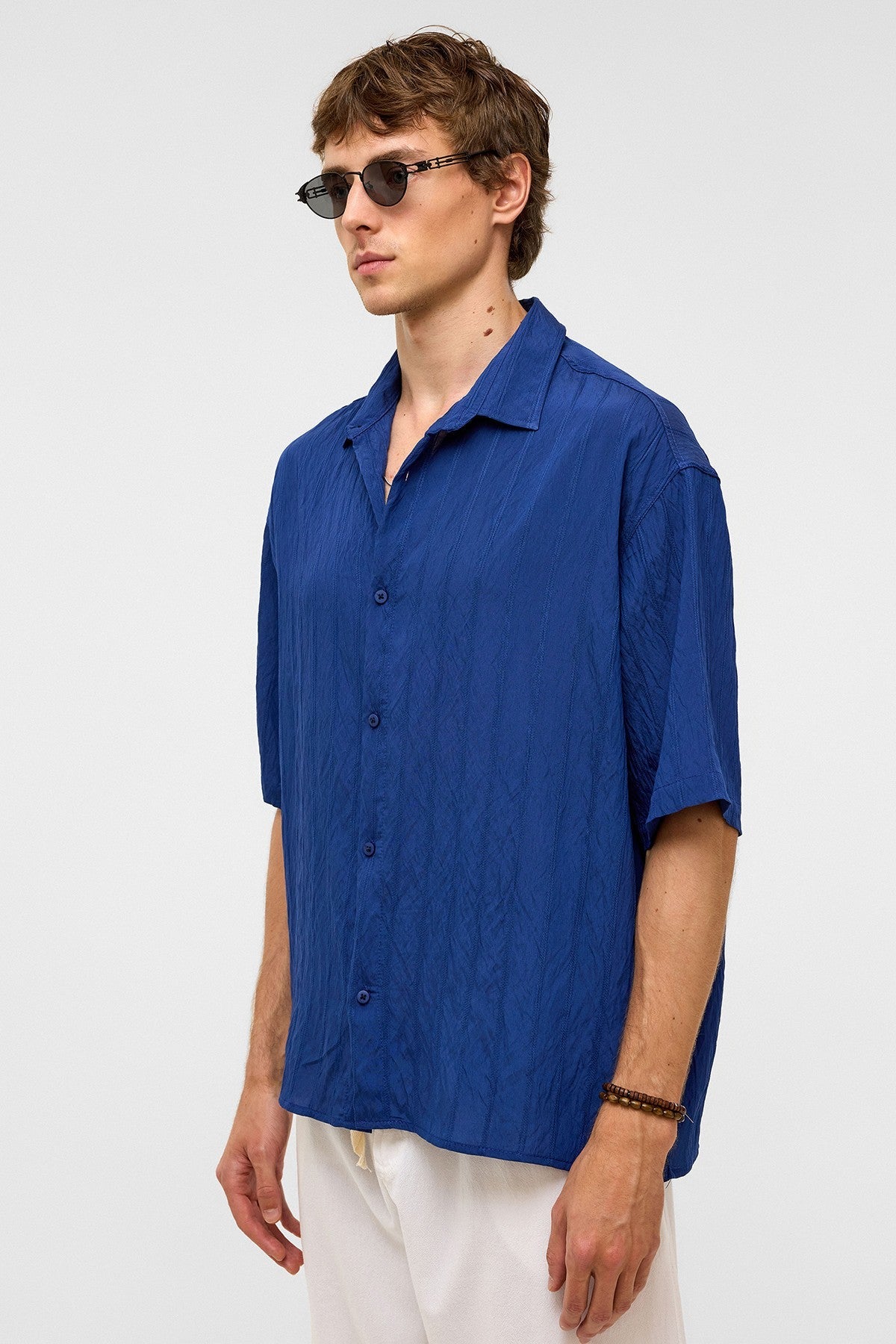 Oversized Striped Short-Sleeved Modal Shirt