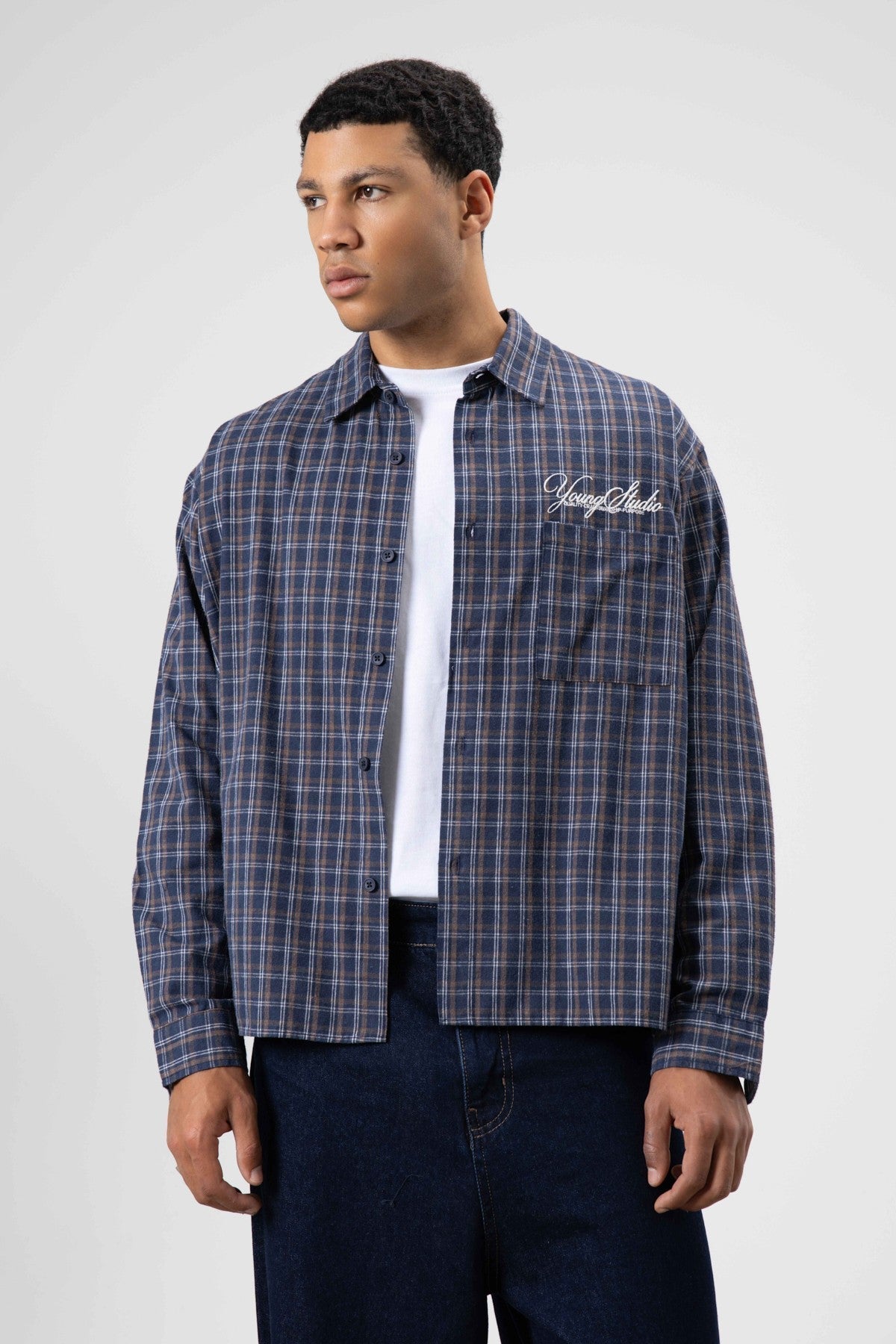 Oversized Checkered Long-Sleeve Shirt with Back Print