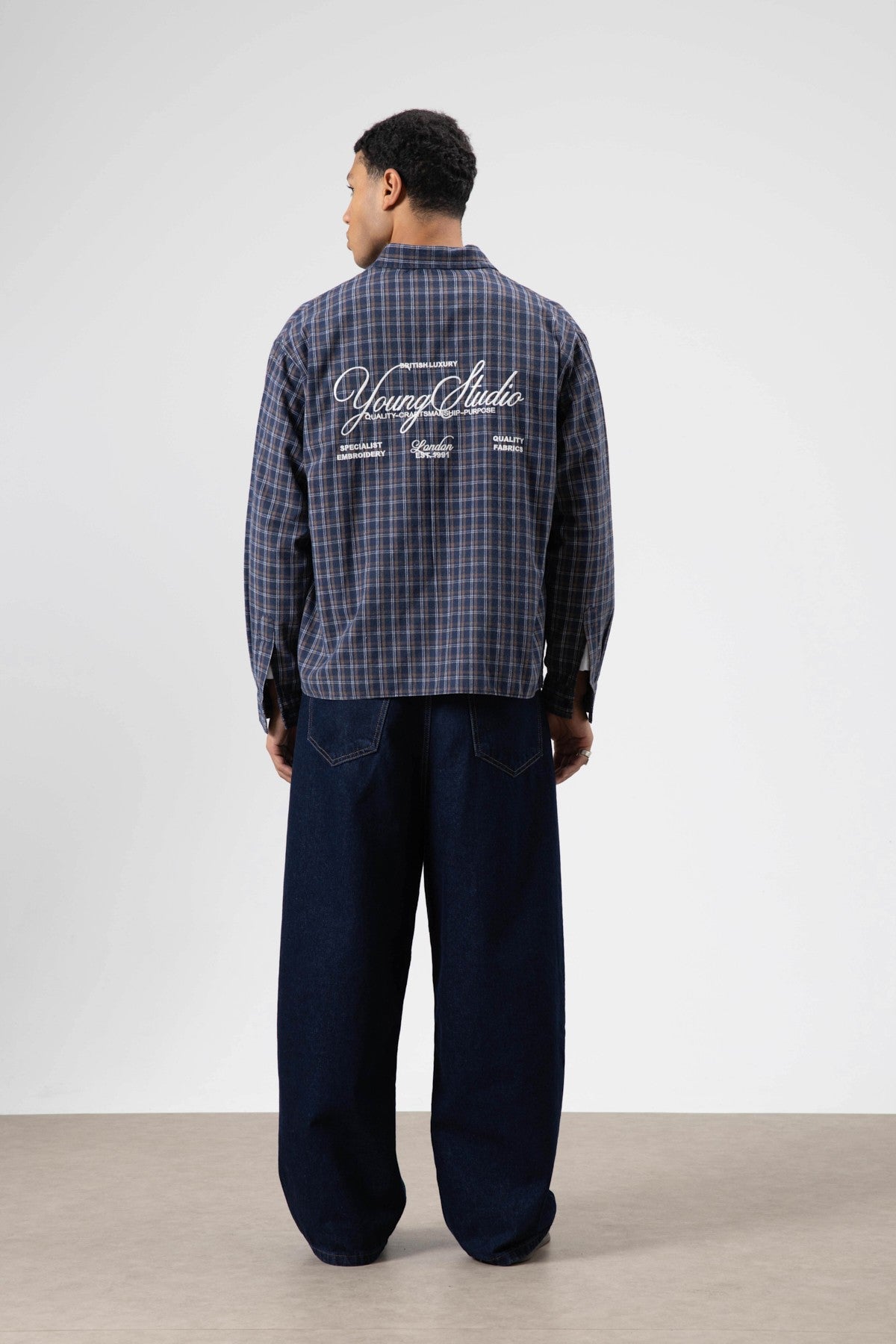 Oversized Checkered Long-Sleeve Shirt with Back Print