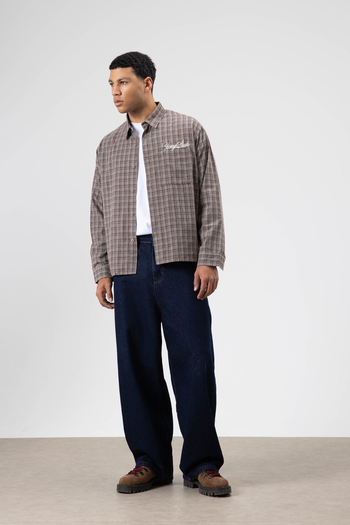 Oversized Checkered Long-Sleeve Shirt with Back Print