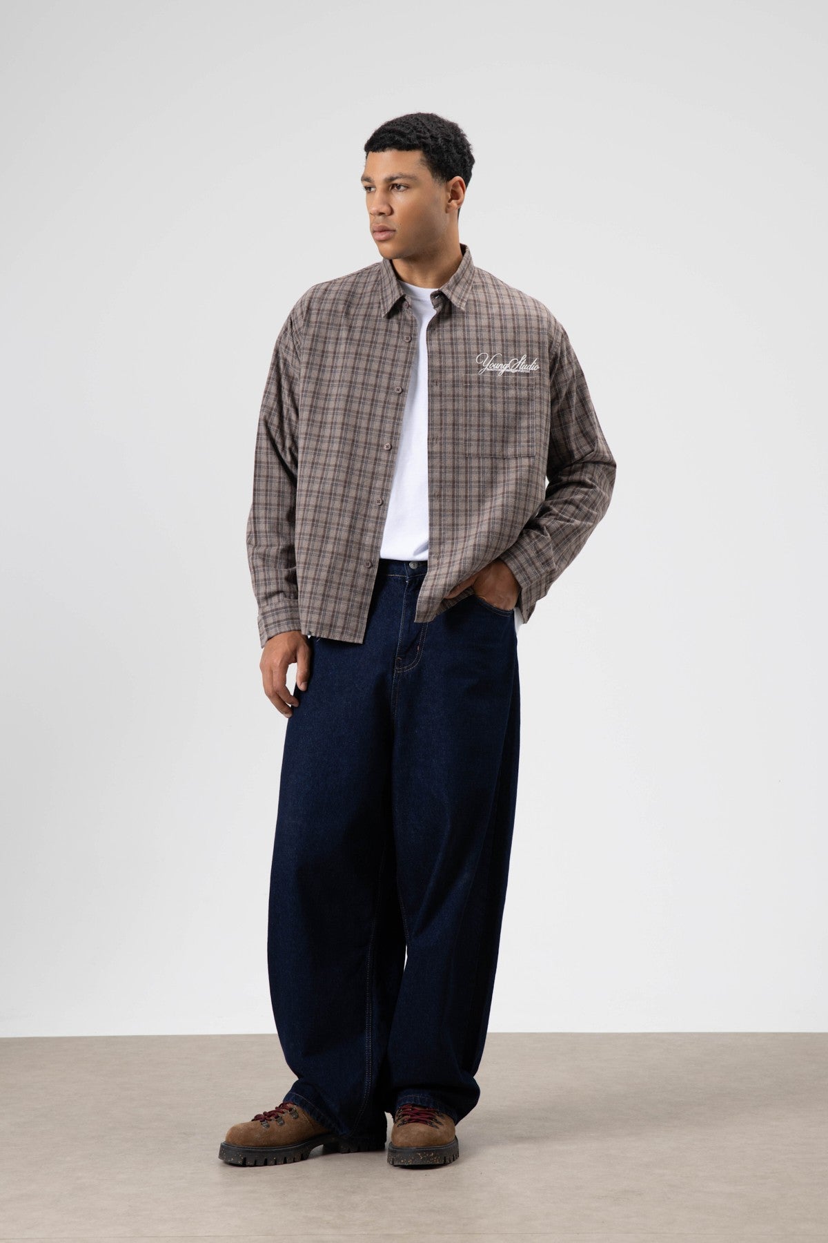 Oversized Checkered Long-Sleeve Shirt with Back Print