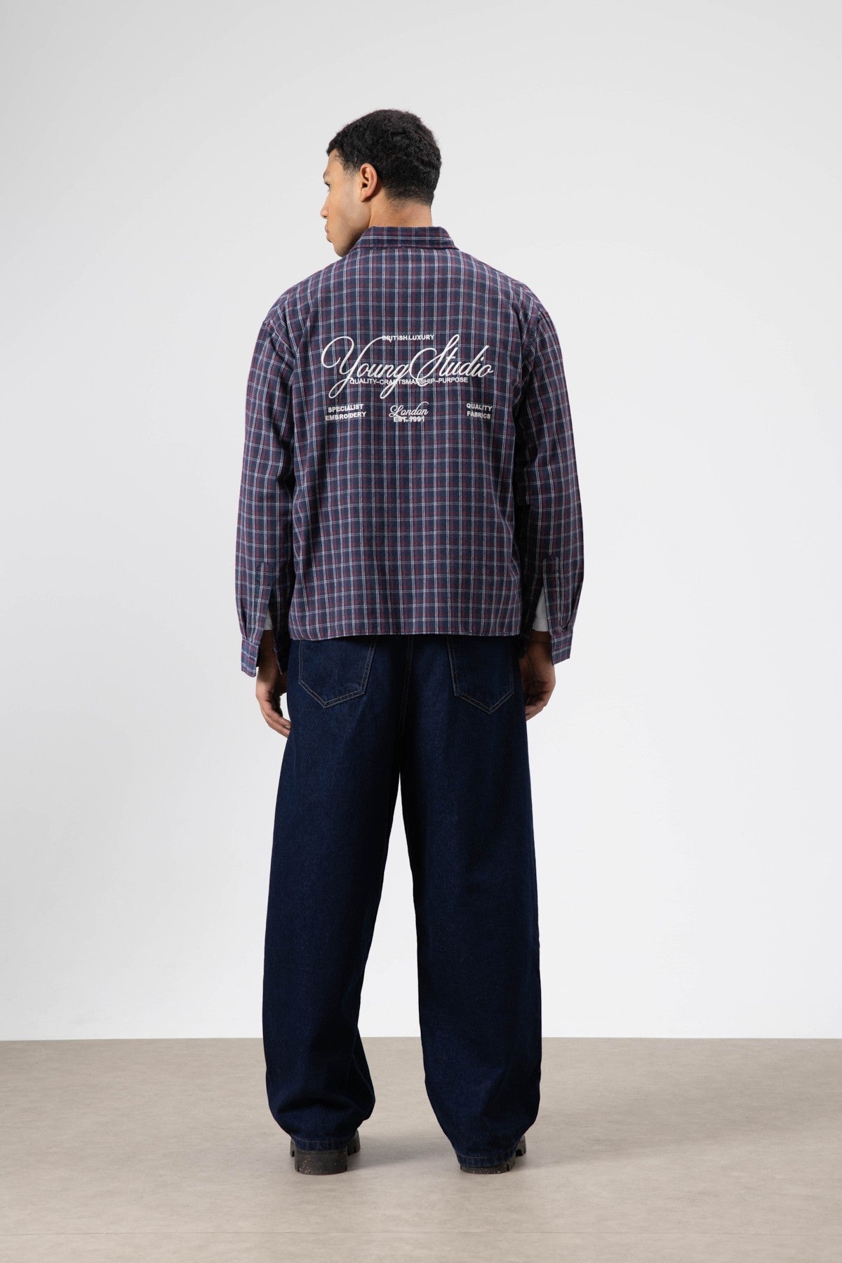 Oversized Checkered Long-Sleeve Shirt with Back Print