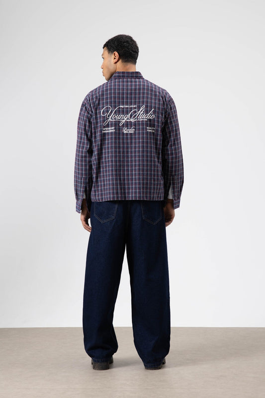 Oversized Checkered Long-Sleeve Shirt with Back Print