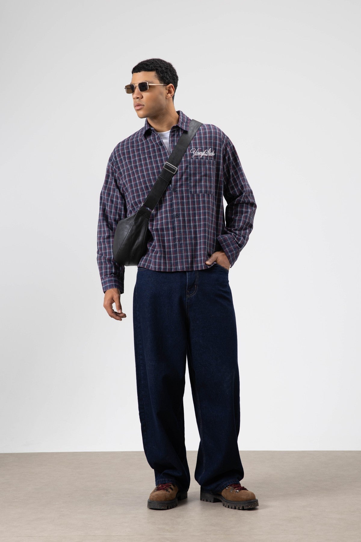 Oversized Checkered Long-Sleeve Shirt with Back Print