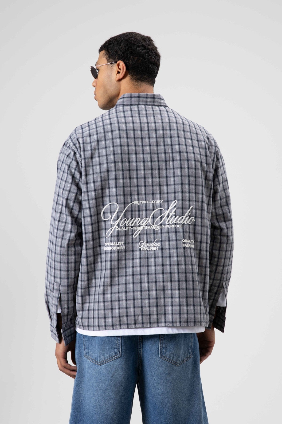 Oversized Checkered Long-Sleeve Shirt with Back Print