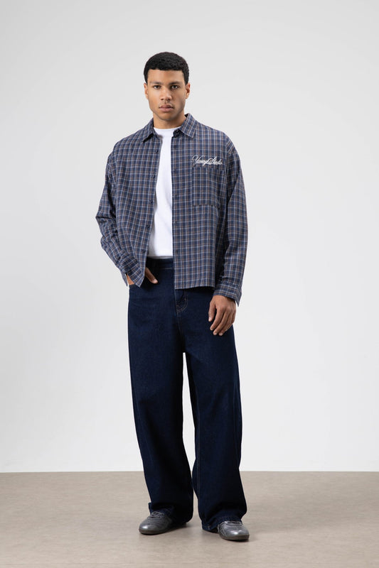 Oversized Checkered Long-Sleeve Shirt with Back Print