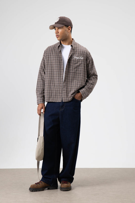 Oversized Checkered Long-Sleeve Shirt with Back Print
