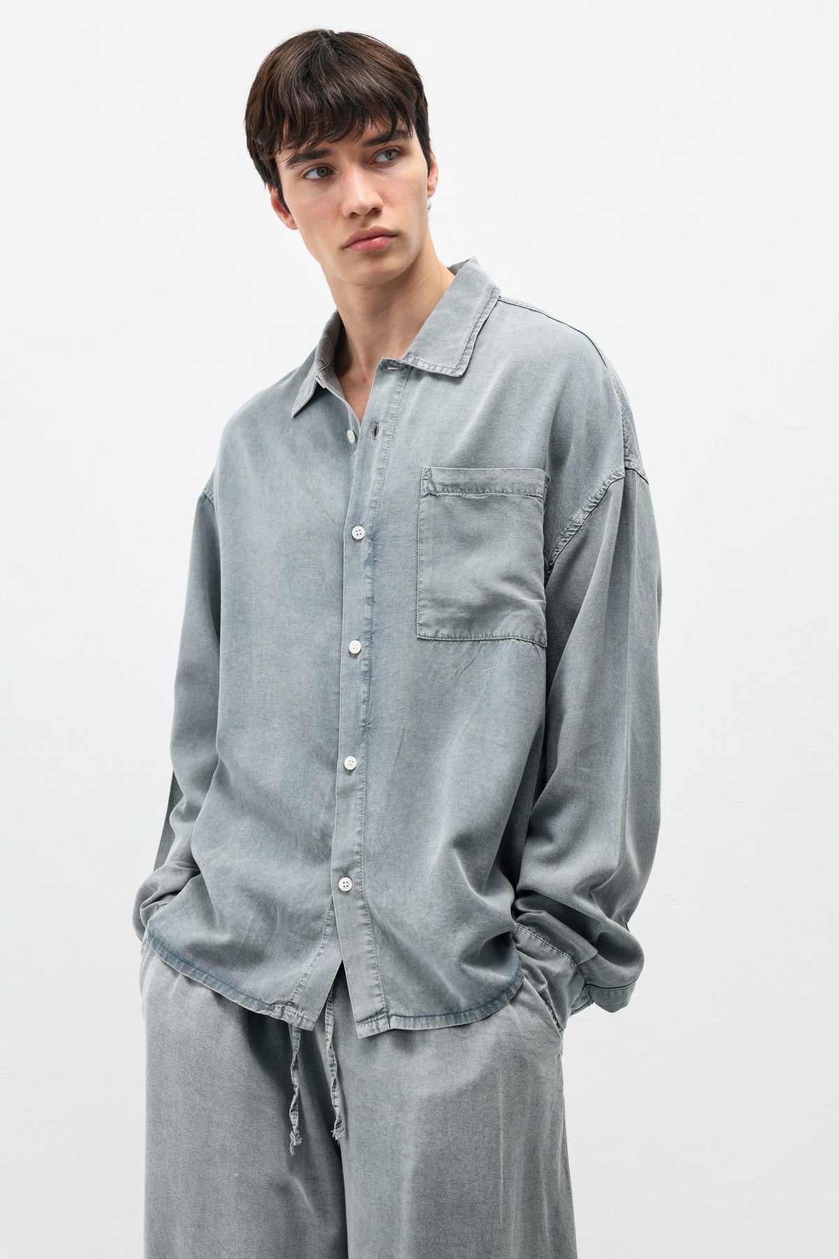 Oversized Shirt with Washed Finish and Pocket Details