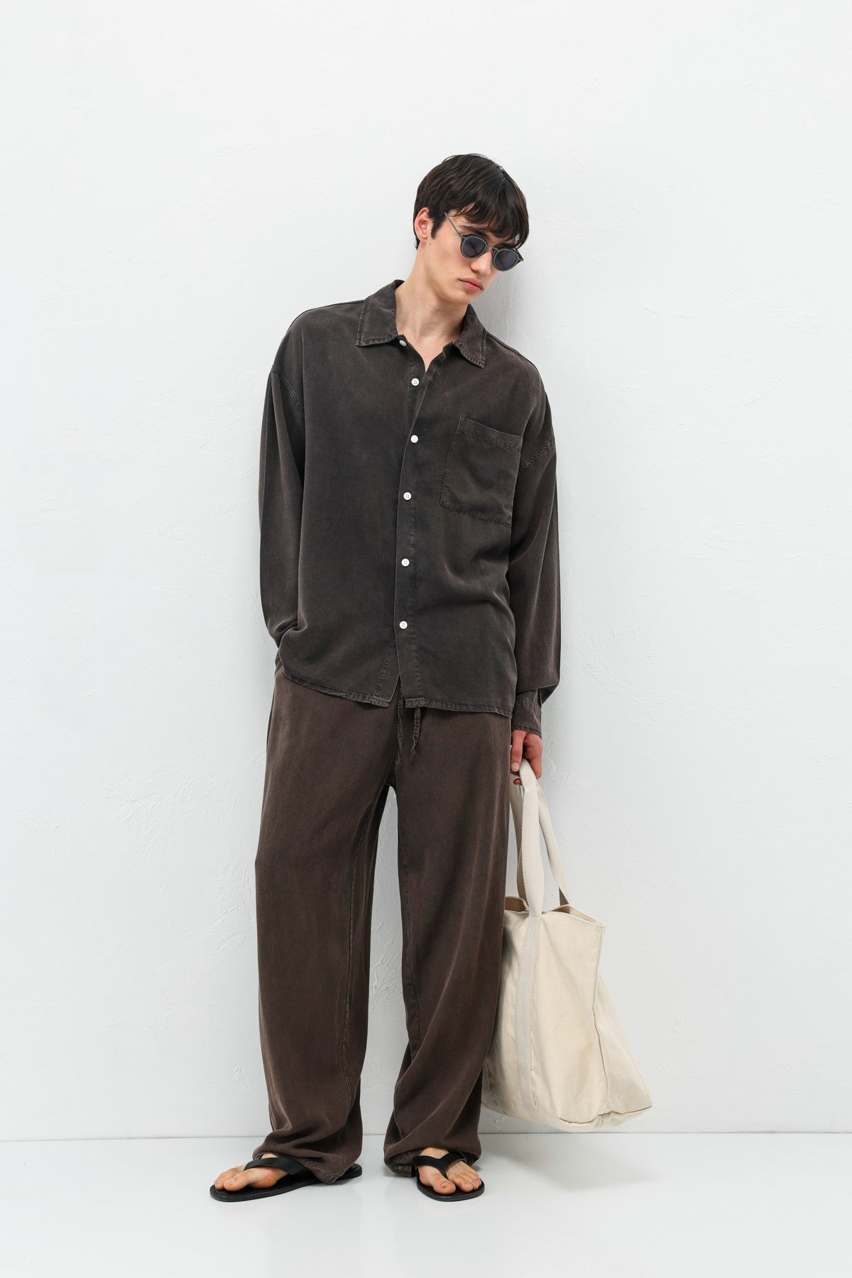 Oversized Shirt with Washed Finish and Pocket Details