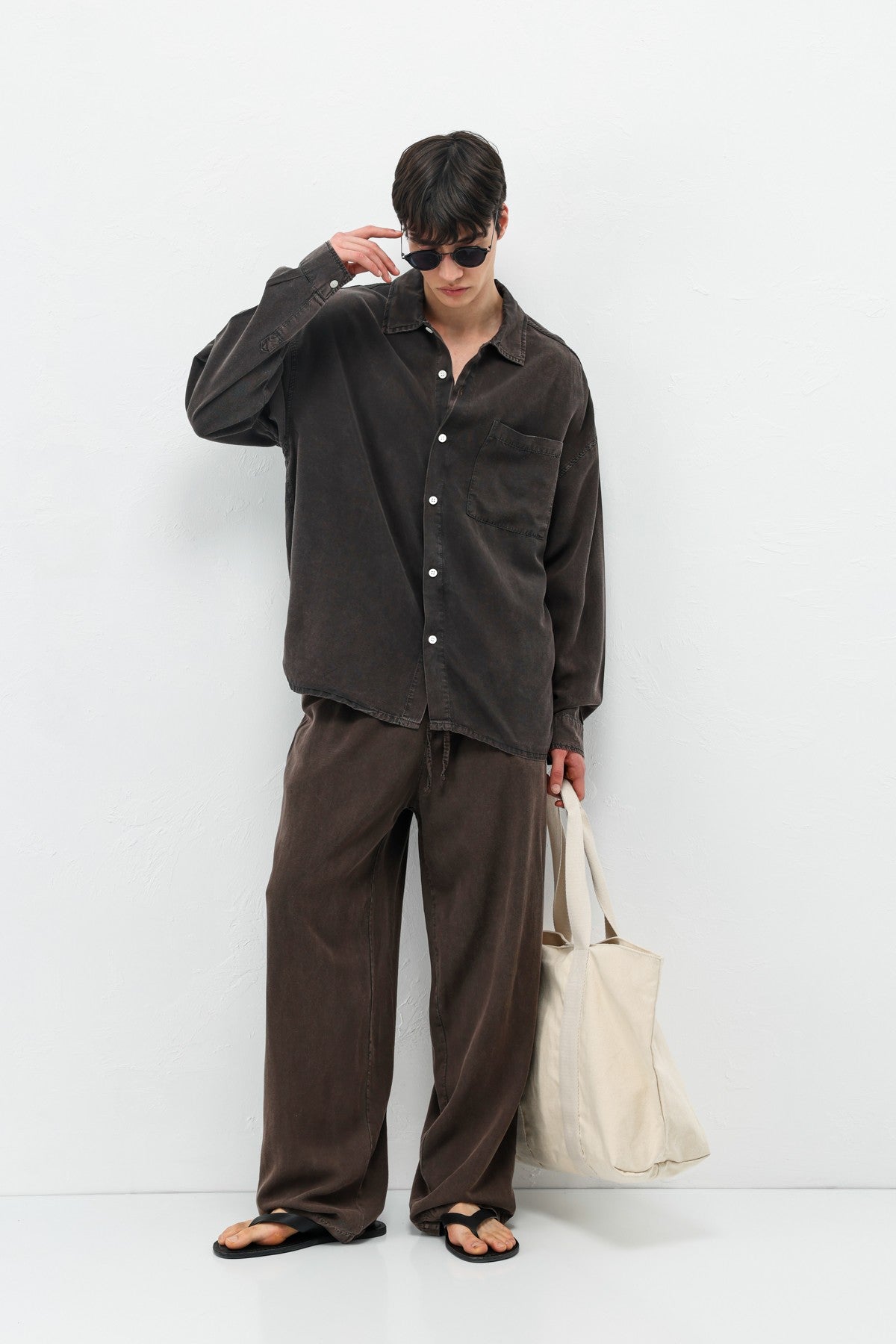 Oversized Shirt with Washed Finish and Pocket Details