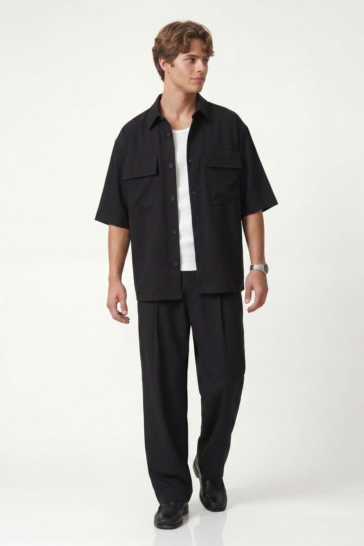 Oversized Stretch-Fabric Shirt with Pockets