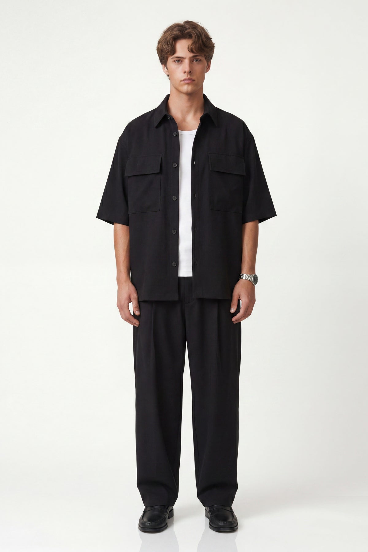 Oversized Stretch-Fabric Shirt with Pockets
