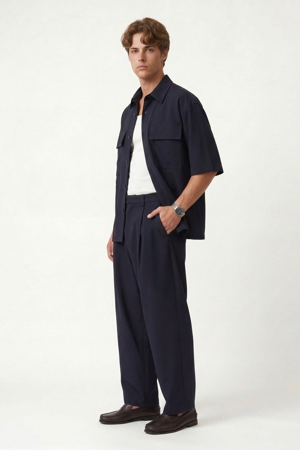 Oversized Stretch-Fabric Shirt with Pockets
