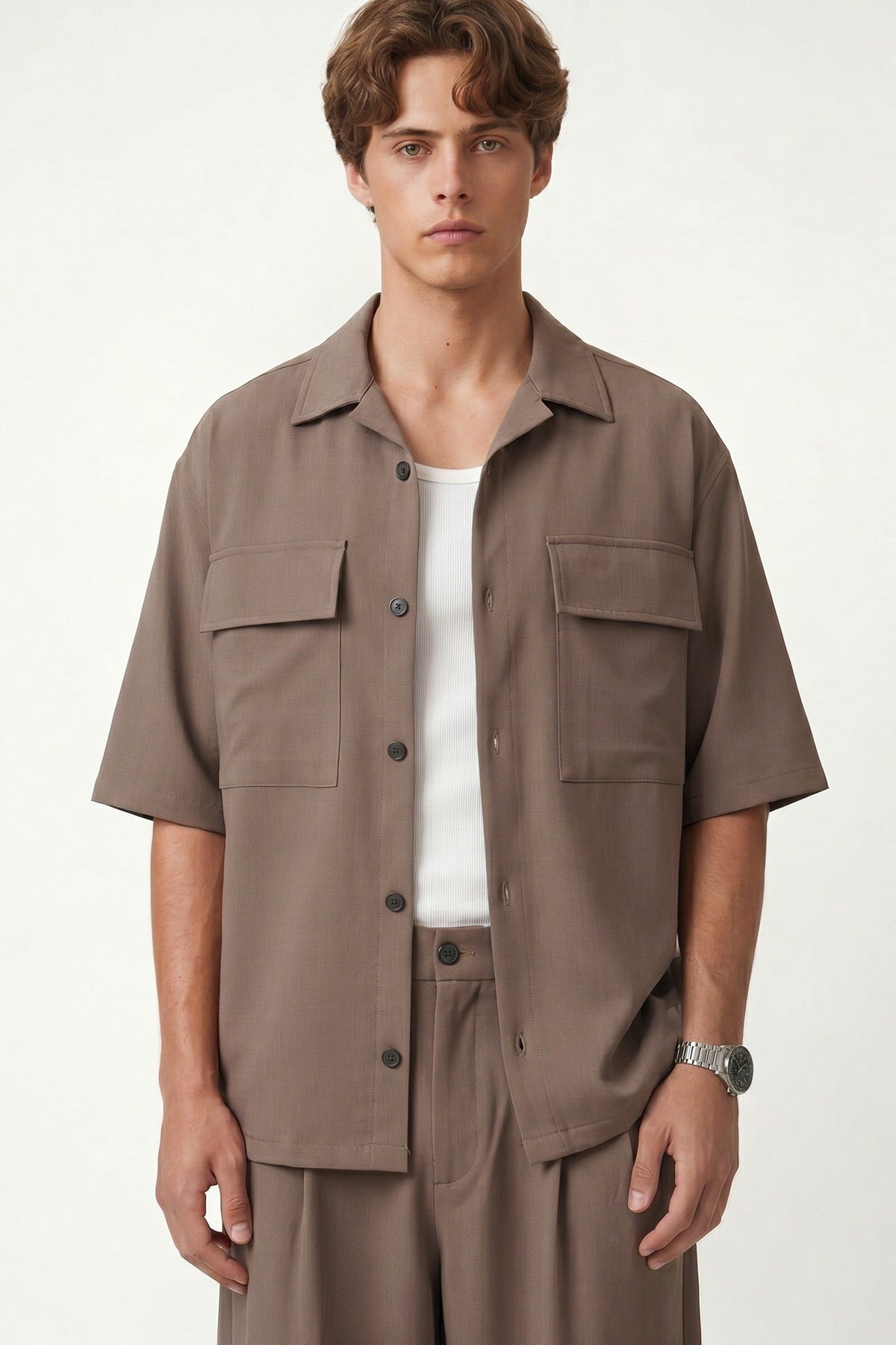 Oversized Stretch-Fabric Shirt with Pockets