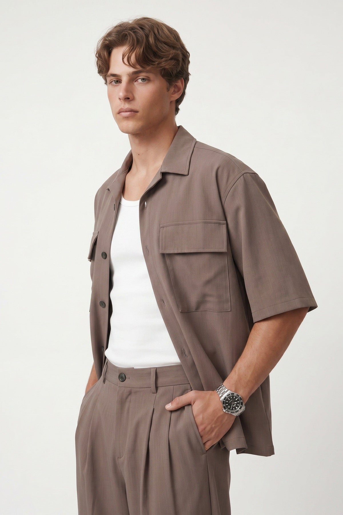 Oversized Stretch-Fabric Shirt with Pockets