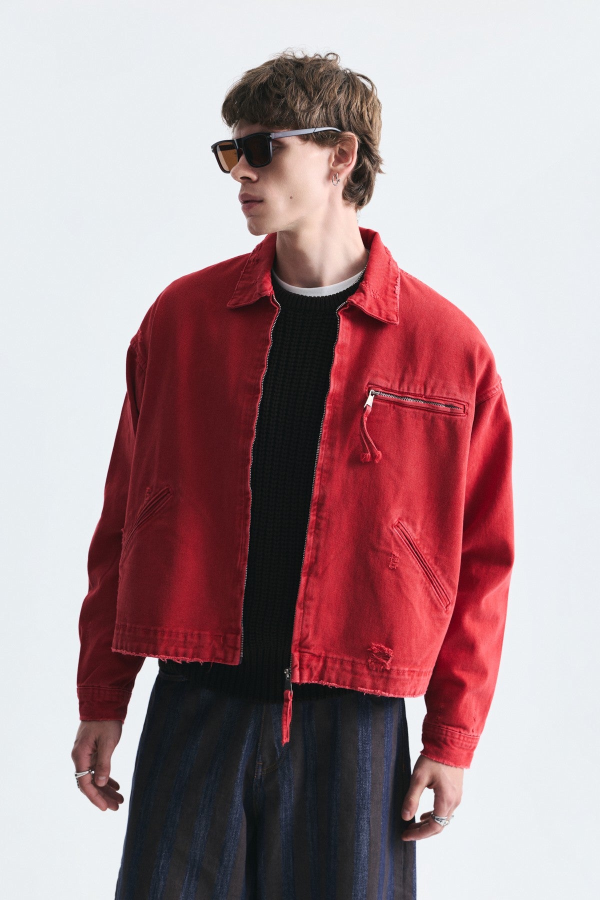 Oversized Zipper-Front Denim Jacket