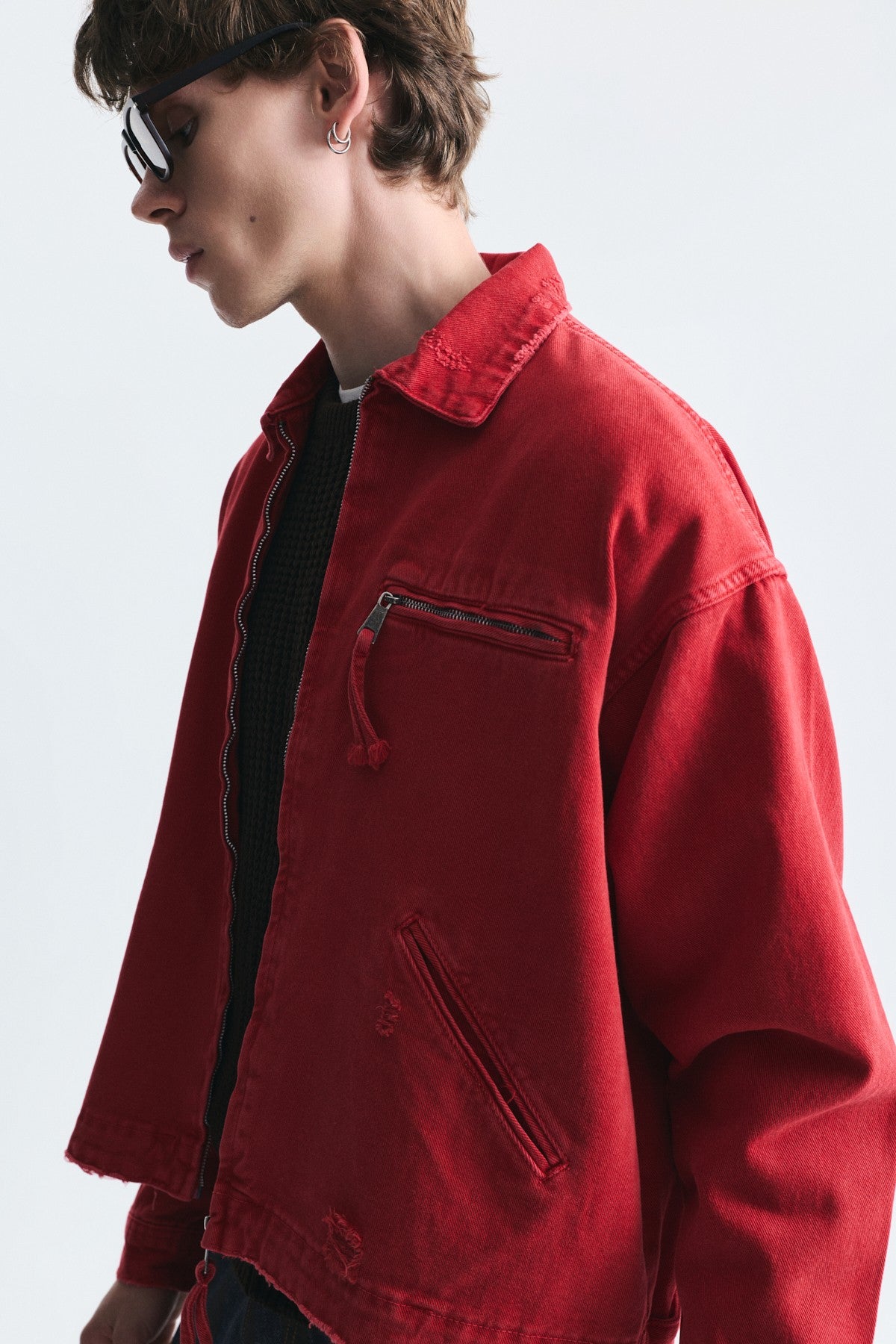 Oversized Zipper-Front Denim Jacket