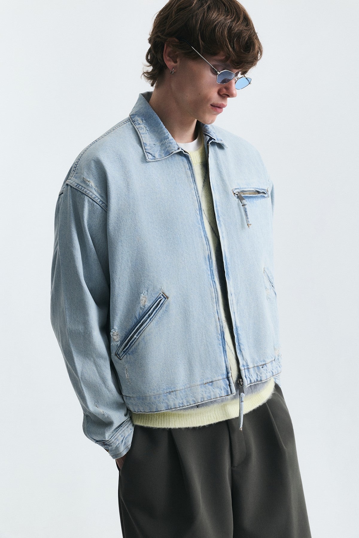 Oversized Zipper-Front Denim Jacket