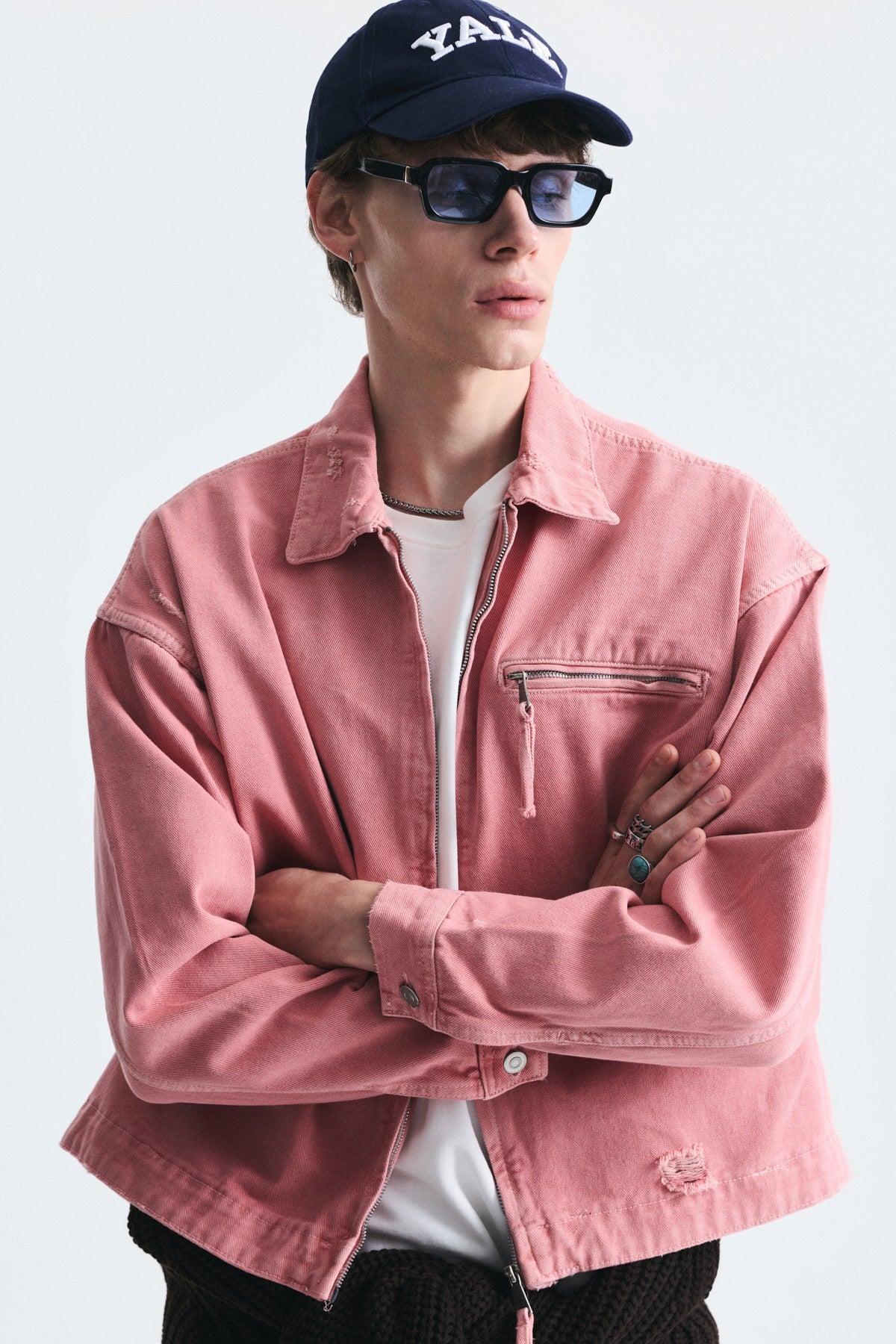 Oversized Zipper-Front Denim Jacket