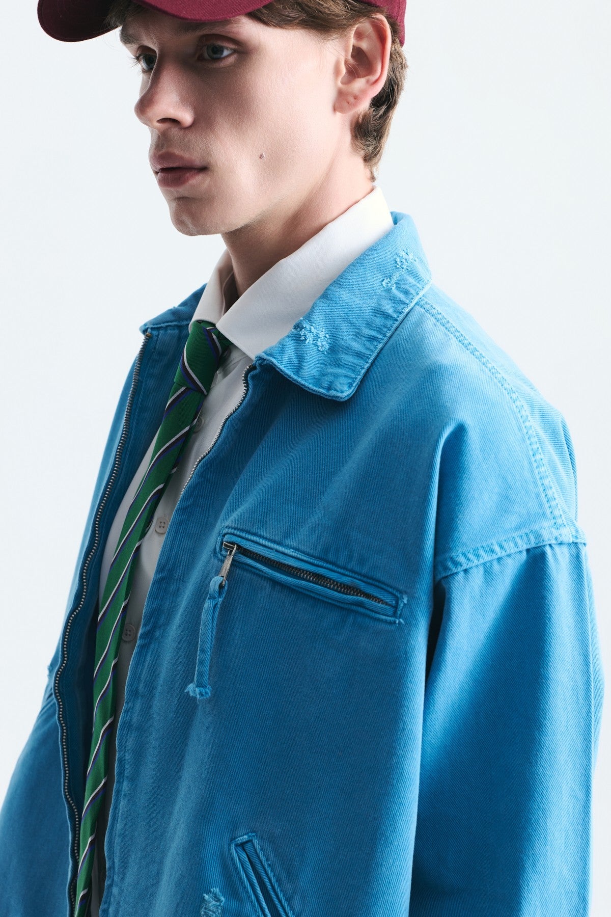 Oversized Zipper-Front Denim Jacket