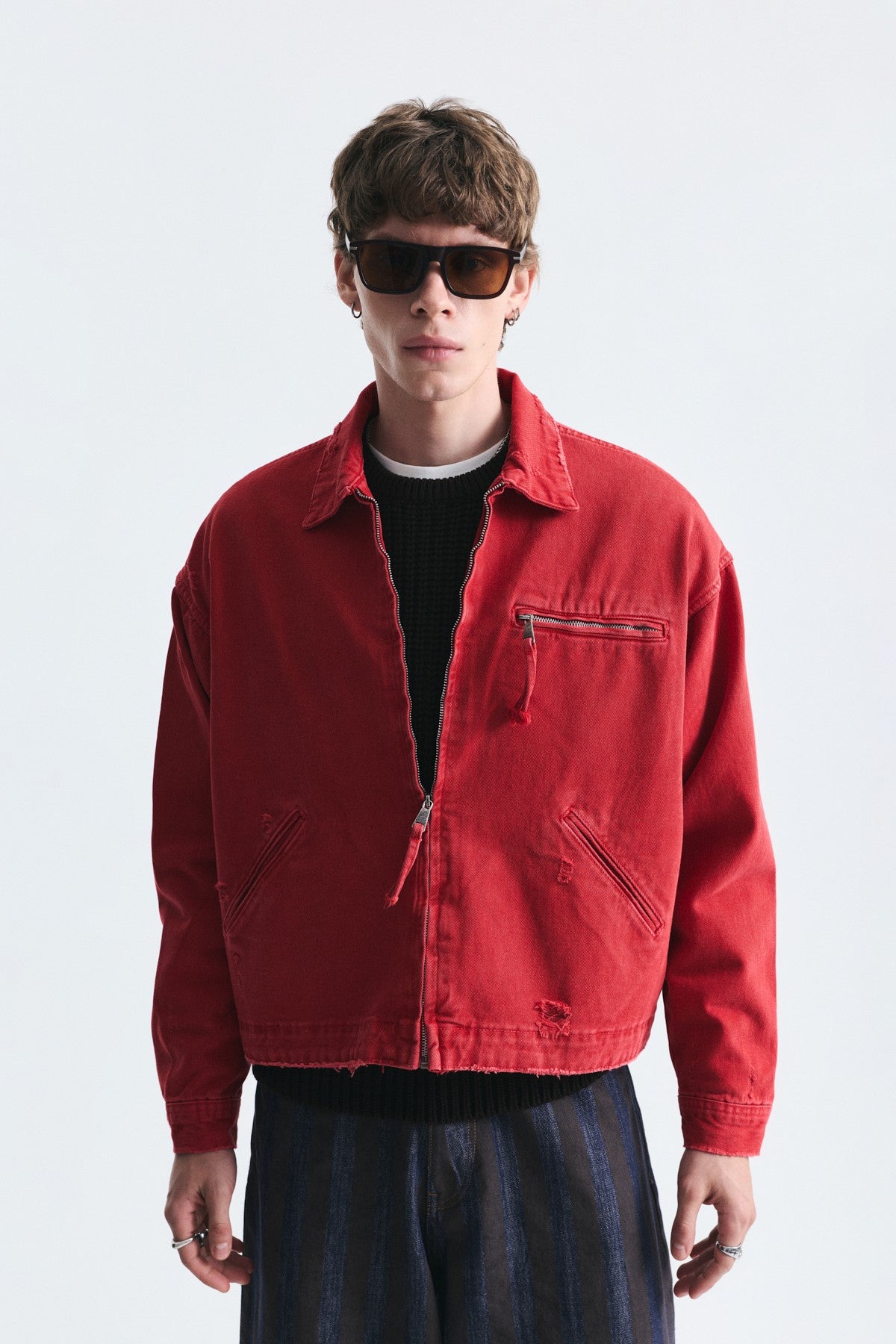 Oversized Zipper-Front Denim Jacket