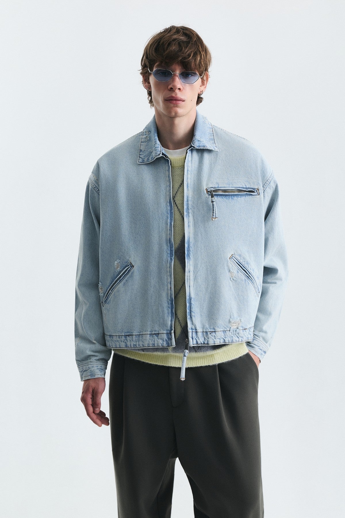 Oversized Zipper-Front Denim Jacket