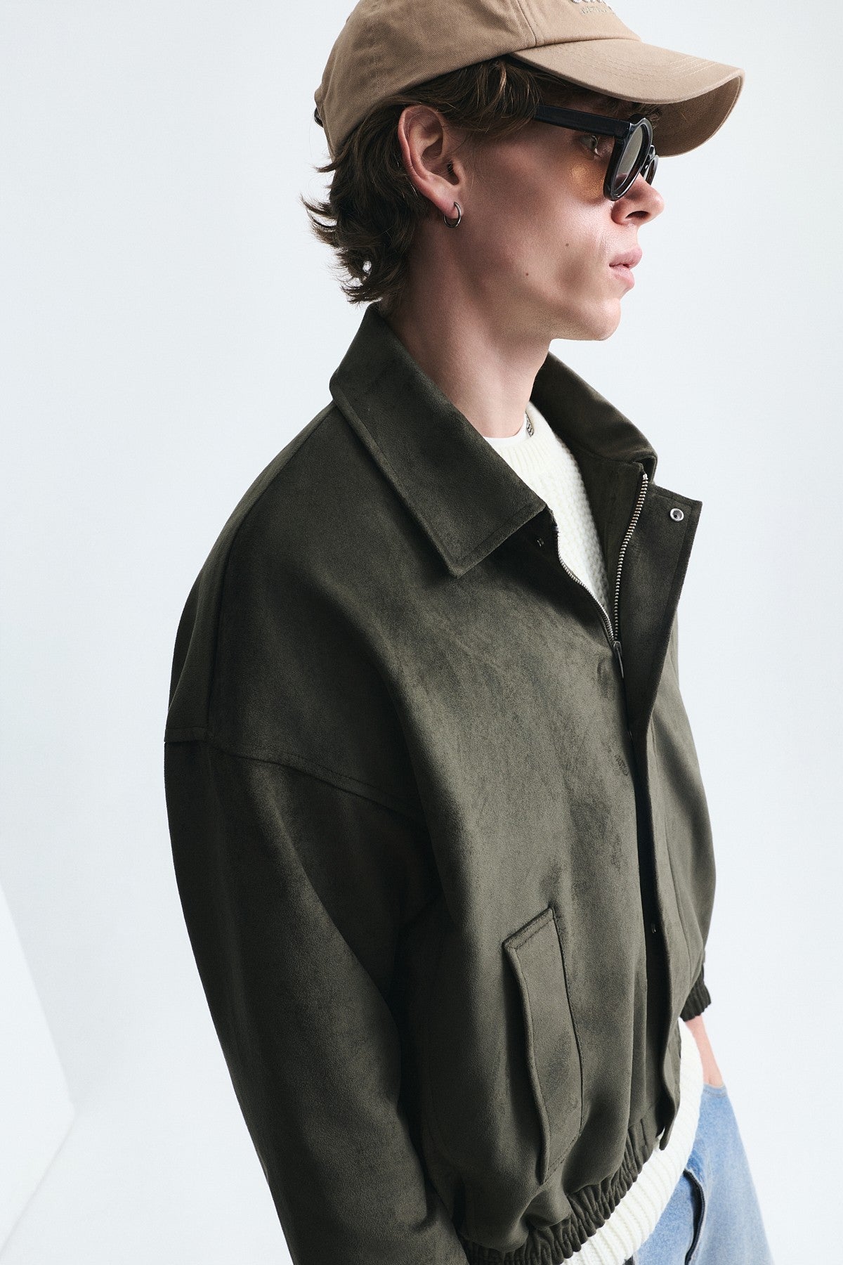 Oversized Polo-Collar Faux Suede Jacket