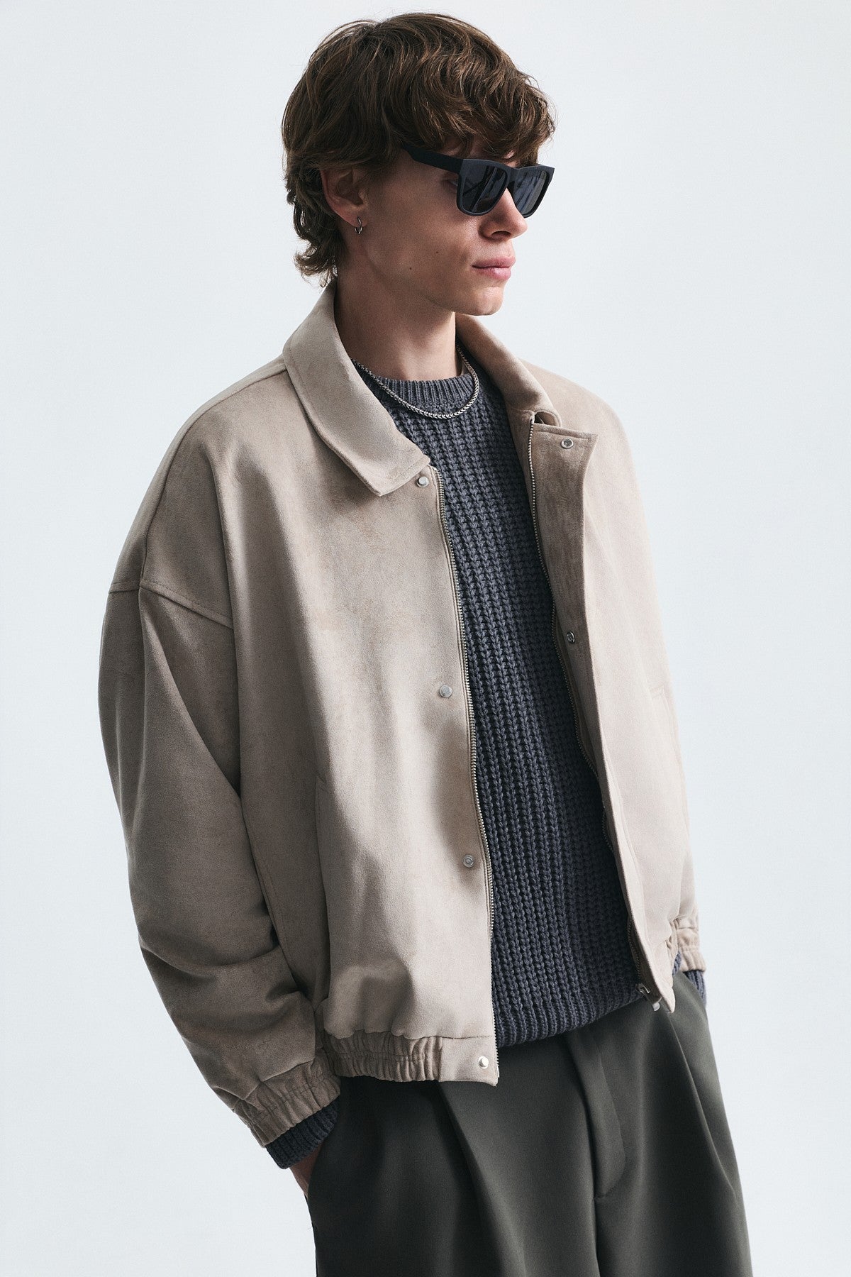 Oversized Polo-Collar Faux Suede Jacket