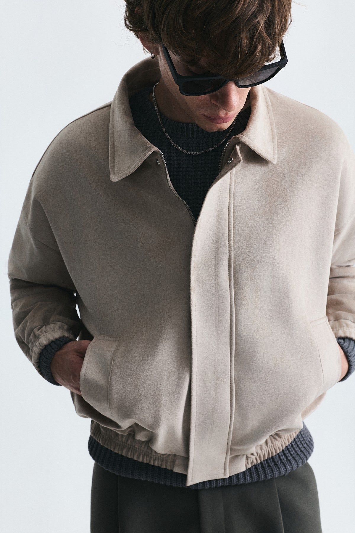 Oversized Polo-Collar Faux Suede Jacket