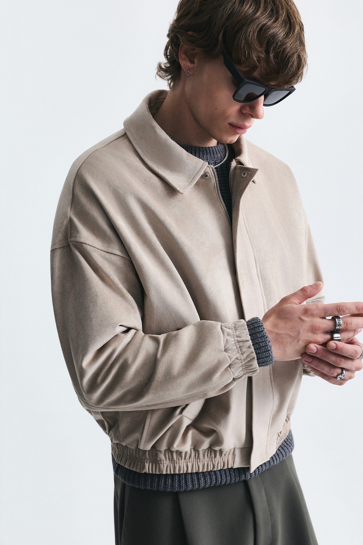 Oversized Polo-Collar Faux Suede Jacket