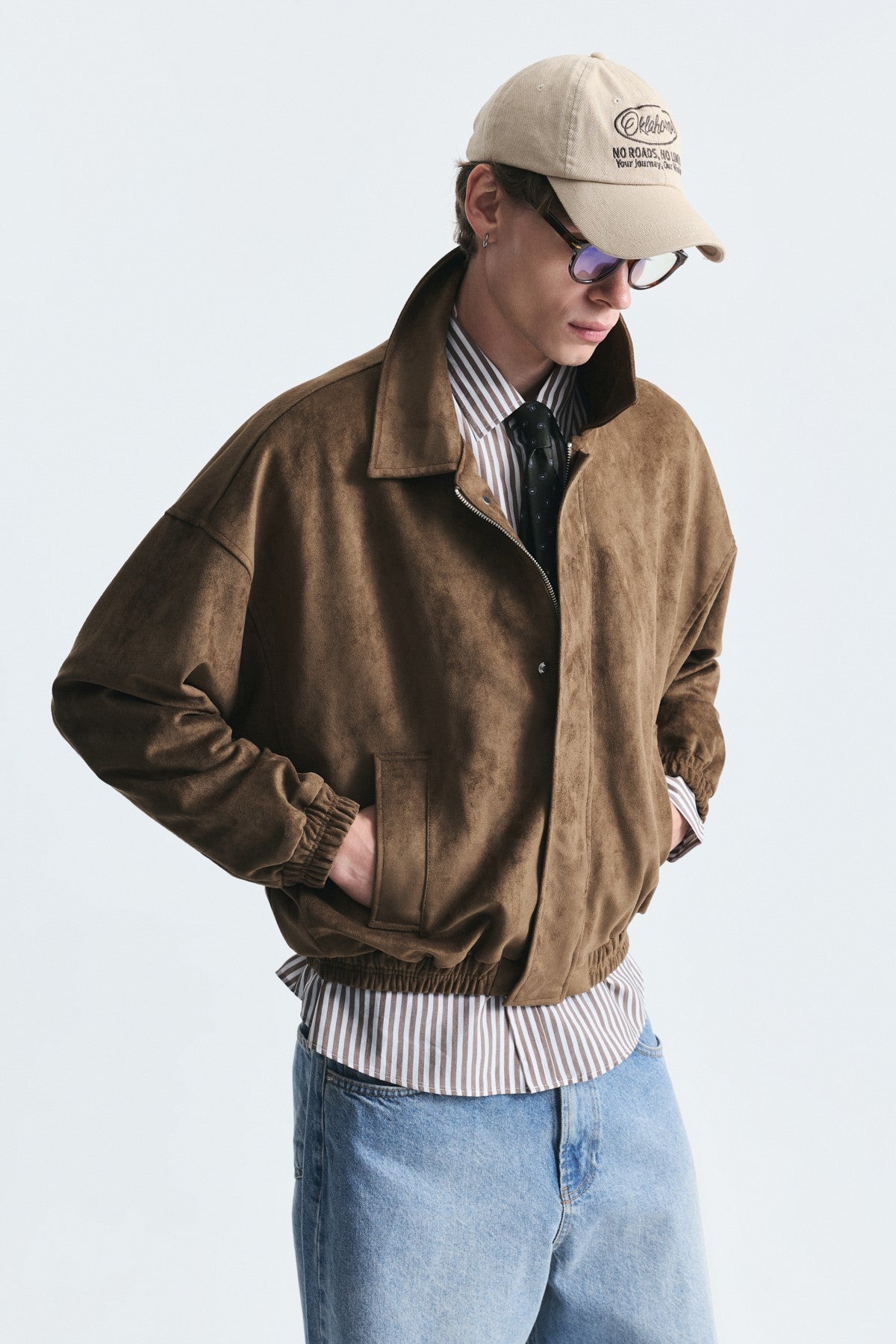 Oversized Polo-Collar Faux Suede Jacket