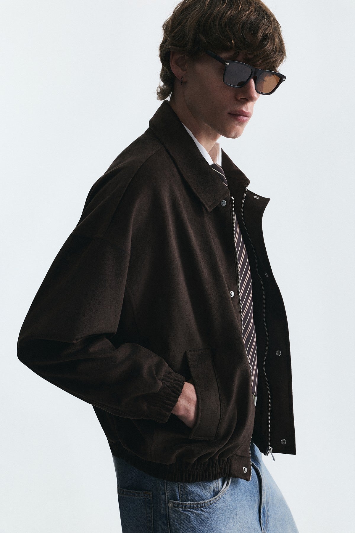 Oversized Polo-Collar Faux Suede Jacket