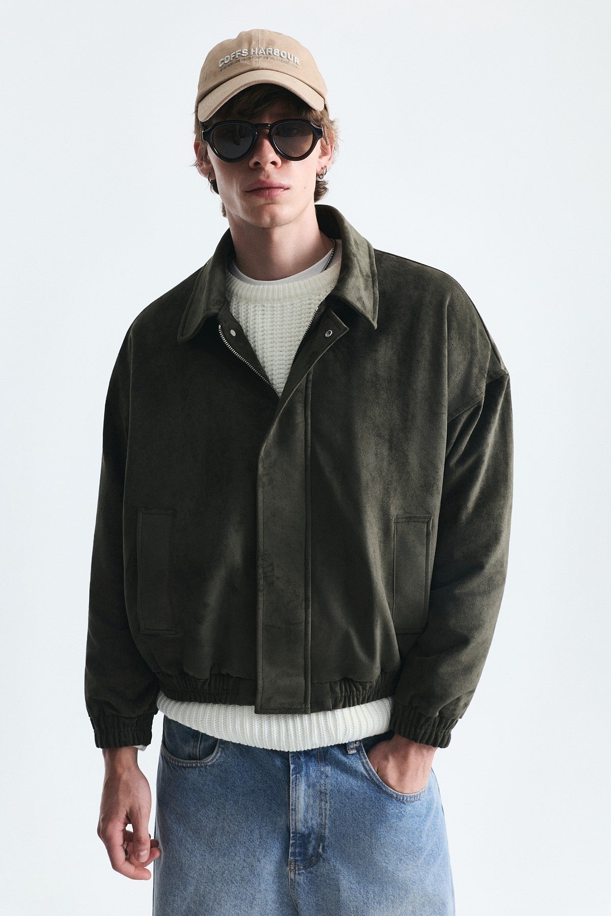 Oversized Polo-Collar Faux Suede Jacket