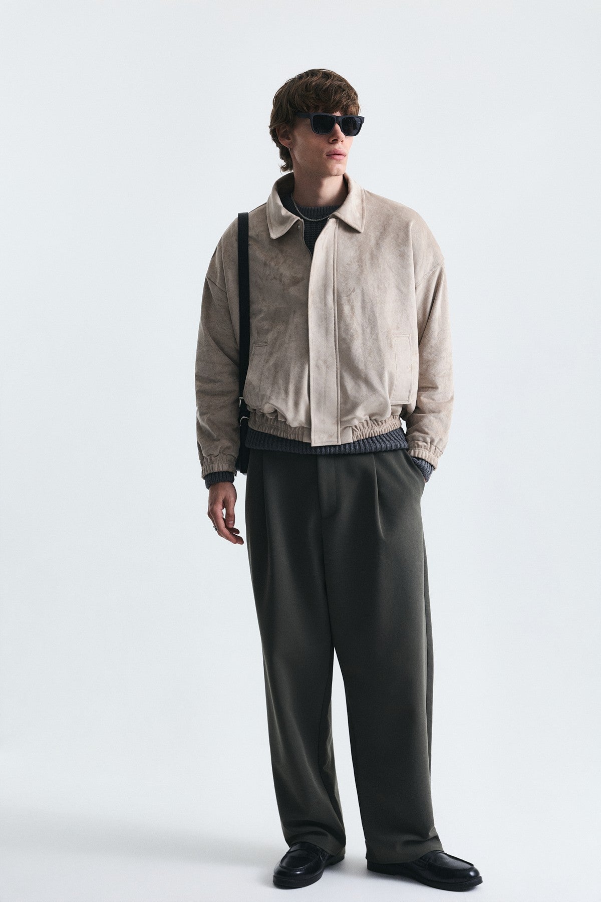 Oversized Polo-Collar Faux Suede Jacket